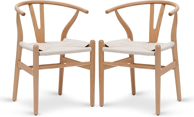 POLY & BARK Weave Dining Chairs – Mid-Century Modern Wishbone Dining Chairs with Arms, Solid Wood Frame, Indoor Use – Natural – Set of 2 - Ideal for Dining Room, Kitchen or Stylish Accent Setting