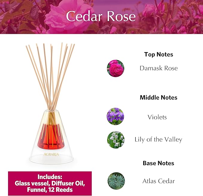 Agraria Cedar Rose Reed Diffuser Set, 12 Reeds Essential Oil Scent Diffusers for Home Fragrance, Luxury Glass Reed Diffuser Gift Set