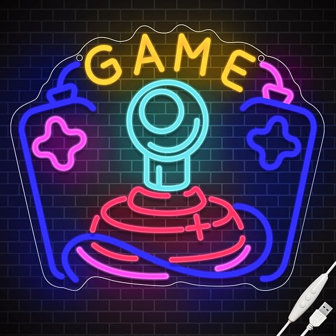 Gamer Joystick Neon Sign, Wootfairy Led Neon Signs for Game Room Wall Decor, Dimmable Neon Light for Boys Room Decor, Colorful Light Up Signs for Man Cave & Bedroom, Gamer Gifts for Teens, Boys, Kids
