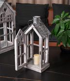 Large Farmhouse Wooden Metal Candle Lantern Set of 2, Rustic Decorative Floor Lanterns, Indoor/Outdoor Village Houses Lantern for Home Decor (No Glass)