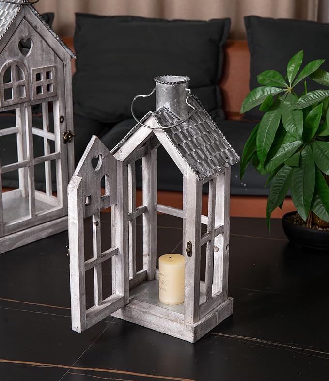Large Farmhouse Wooden Metal Candle Lantern Set of 2, Rustic Decorative Floor Lanterns, Indoor/Outdoor Village Houses Lantern for Home Decor (No Glass)