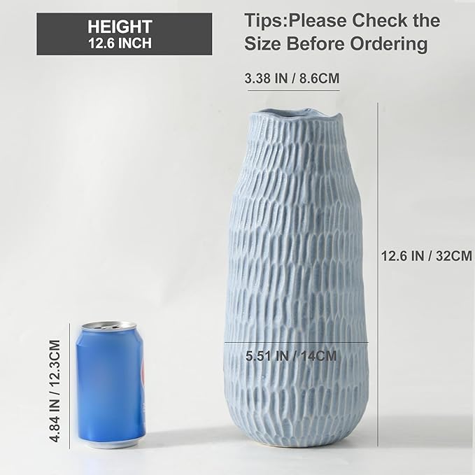 12.6 Inch Mat Blue Modern Handmade Ceramic Vase, Rustic Farmhouse Decorative Flower Vases for Home Decor,Pampas Grass Bouquet, Living Room,Kitchen,Office,Bedroom,Centerpiece Table Decorations