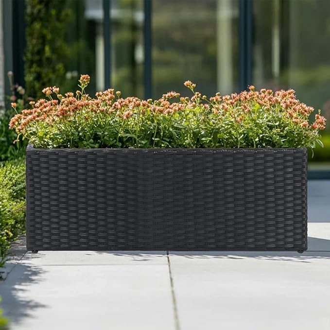 LEWIS&WAYNE Large Rectangular Block Planter Box Handmade Wicker Tall Planters for Outdoor Plants with Removable Liners Modern Planter for Indoor Outdoor Patio Deck - Black, 30''x12''x16''