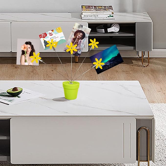 Cute Flower Table Card Memo Holder Stand,1 Pcs Photo Clips Holder Desk Stand for Memo Paper Note Monmory Photo Christmas Wedding Display with Flowerpot Shaped Plastic Base (Yellow)