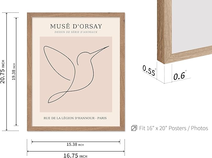 Poster Master Vintage Poster - Retro One Line Hummingbird Drawing Print - Bird Line Art - Minimal Gift for Him, Her, Animal Lover - Abstract Decor for Home, Office, 16x20 Beige Framed