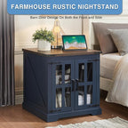 Farmhouse End Table with Charging Station,24" Large Side Table with Glass Door, Rustic Wood Nightstand Bedside Table with Adjustable Storage Shelf for Living Room, Bedroom, Navy Blue,2 Pack