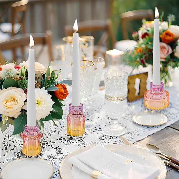 Double Sided Vintage Ribbed Taper Glass Candle Holders,Tea Candle Holder for Table Centerpieces, Wedding Decorations and Dinner Parties (Purple-Pink-Yellow, 3 PCS)