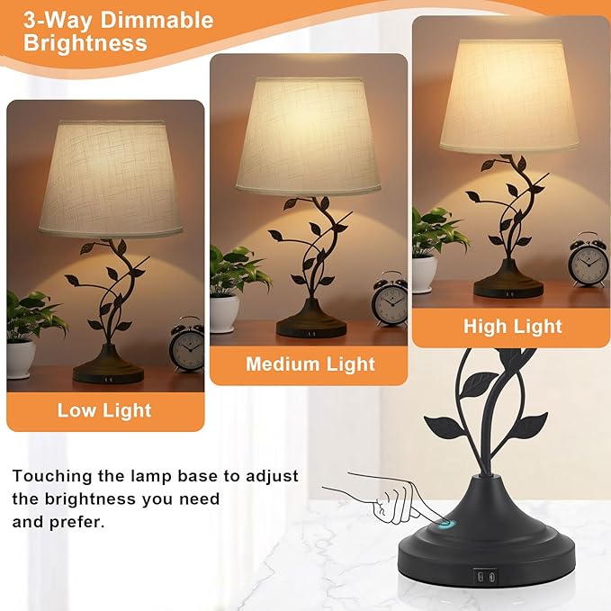 Kakanuo USB Touch Table Lamp Bedside Lamp with USB C Charging Ports for Living Room, White 3 Way Dimmable Traditional Nightstand Lamp Retro Table Lamp for Bedroom and Office (LED Bulb Included)