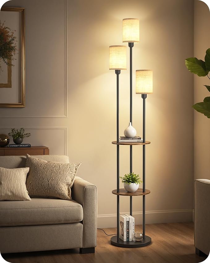 Floor Lamp with Shelves, Modern Floor Lamp with 3 Linen Shades and Foot Switch, 3-Light Standing Lamp, for Living Room, Bedroom, Study, Office, Rustic Brown and Beige EF53LD05