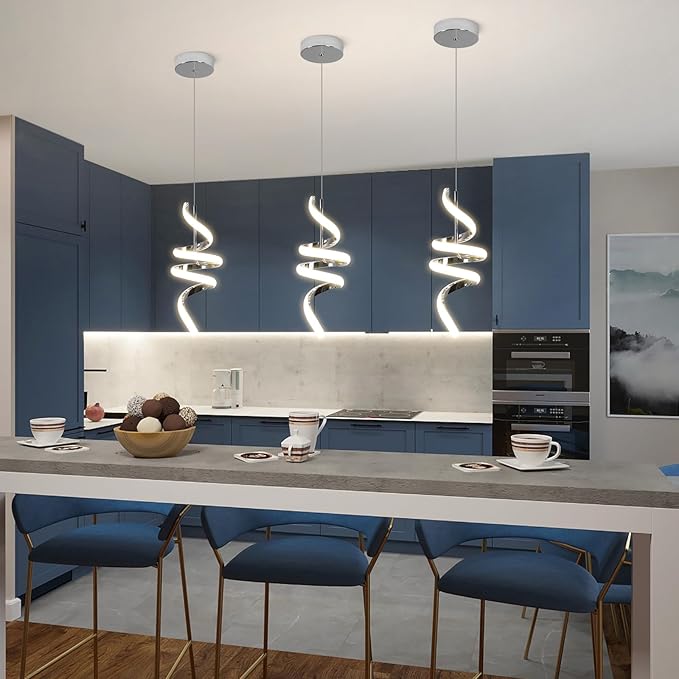 Modern Spiral LED Pendant Lights Kitchen Island, 22W Adjustable Height Hanging Light Fixture 4000K Chrome Chandelier for Dining Room Cafe Table, 1 Pack