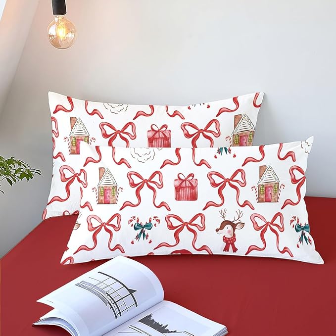 Christmas Comforter Set King Size,Red Christmas Bed Set with Reindeer, Bows and Santa Claus Bedding for Holiday, 3 Pieces 1 Reversible Comforter and 2 Pillowcases