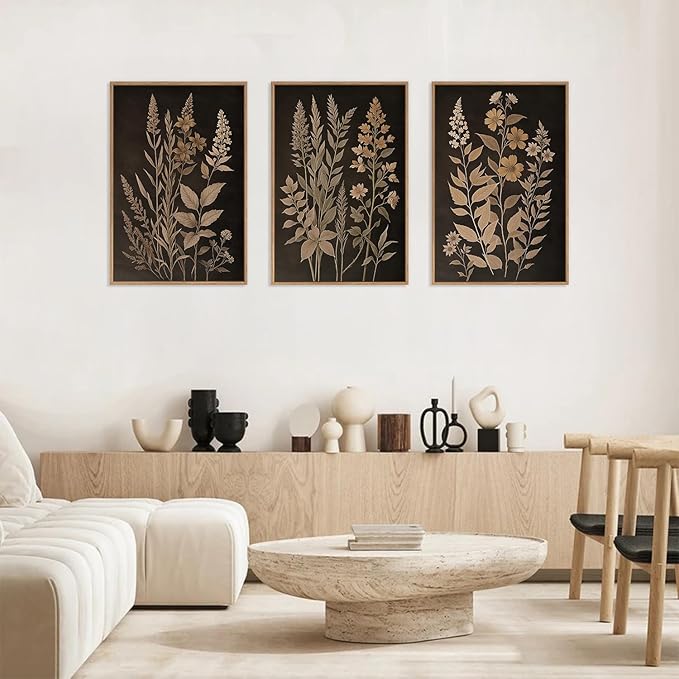 HLNIUC Vintage Botanical Fern Framed Canvas Wall Art Set,Black and Tan Plant Leaf Wall Decor,Netural Minimalist Herb Floral Art Print,Modern Farmhouse Wall Painting for Living Room,Bedroom - 16”x24”x3