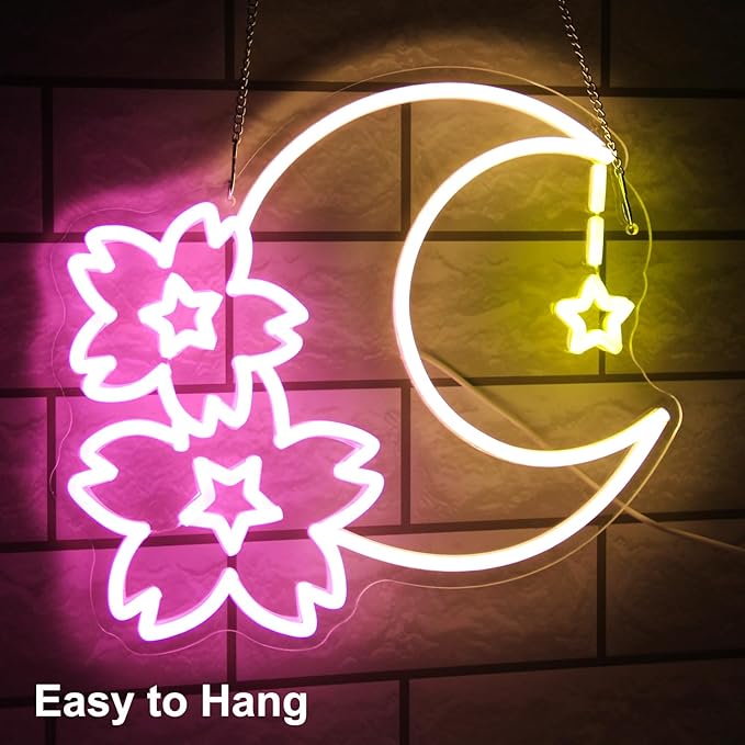Sakura Moon Star Neon Signs for Wall Decor Cherry Blossom Neon Light Dimmable Flower Aesthetic Wall Art LED Sign for Bedroom Living Room Dorm Decoration Girls Gifts