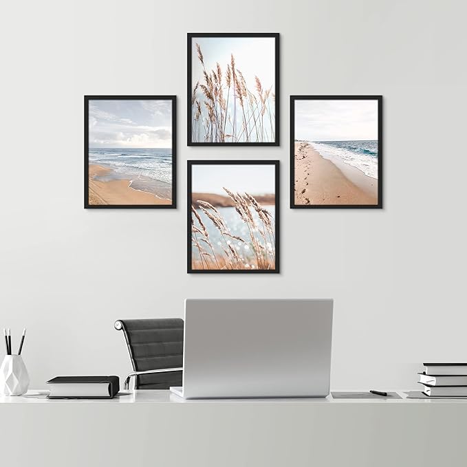 SIGNWIN Framed White Beach Grass Cloudy Ocean Sea Wave Horizon Wall Art, Set of 4 Landscape Colorful Wall Decor Prints, Nature Wilderness Wall Décor for Living Room, Bedroom - 11"x14" Black