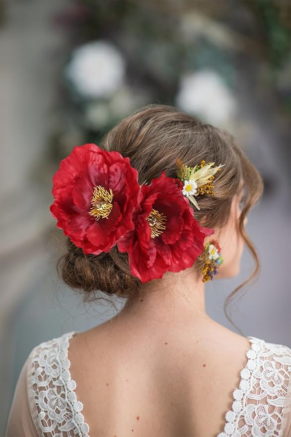 IPOPU 43.3" Red Poppy Flowers Artificial Flowers 6pcs Fake Silk Poppies Long Stem Artificial Flowers for Tall Vase for Wedding Party Home Decor(Red)