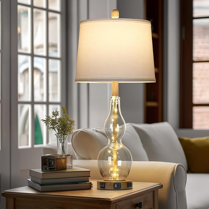27.5" Clear Glass Table Lamp Set of 2 with Night Light,Bedside Lamps with USB Ports and AC Outlet, Modern Nightstand Lamps Retro Farmhouse lamp for Bedroom Living Room