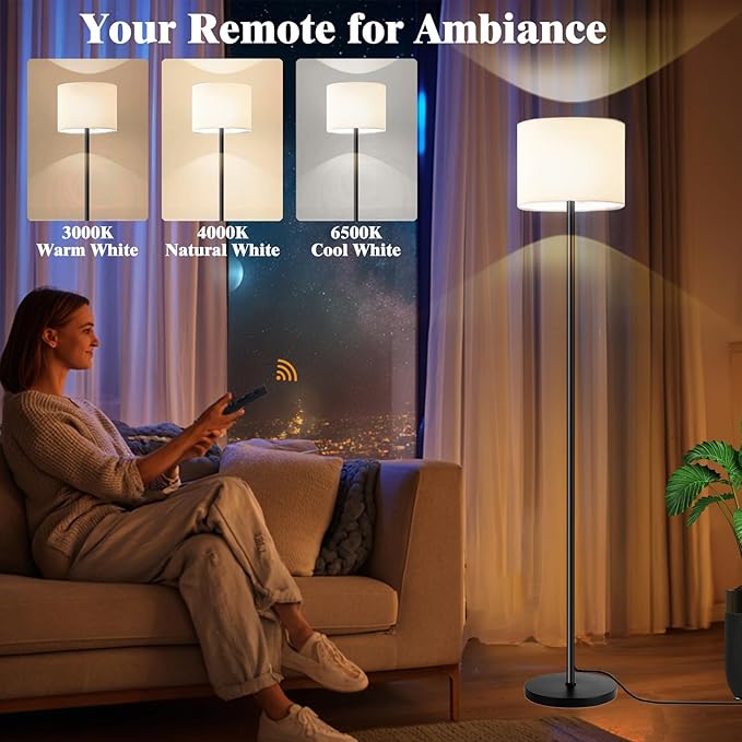 Smart Floor Lamp with APP & Remote Control - Dimmable RGB & White Light (3000K-6500K) for Living Room, Bedroom, Office - Modern Standing Lamp with 9W LED Bulb Included