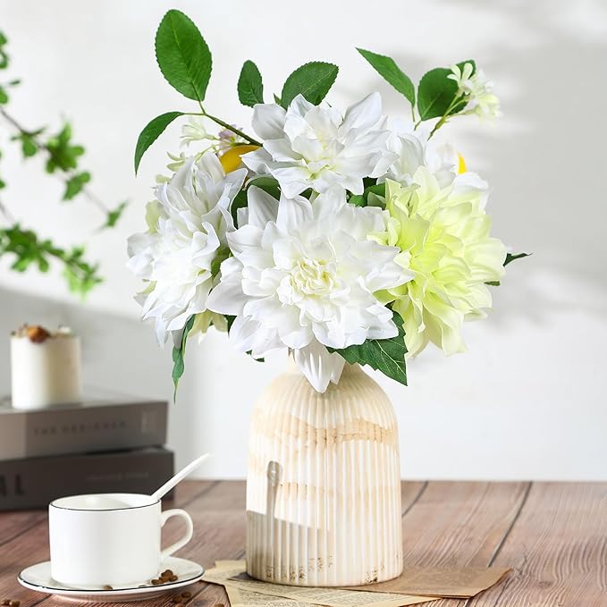 Fake Flower with Vase,White Silk Dahlia Artificial Flowers in Vintage Ceramics Vase for Home Bathroom Office Desk Party Centerpiece Coffee Table Decor