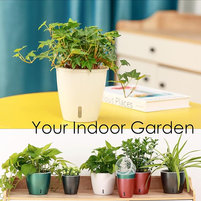 Self Watering Pots for Indoor Plants, 6-Pack 6.7'' Self Watering Planter with Drainage Holes, Small African Violet Pots with Water Indicator, Clear Wick Orchid Pot, White