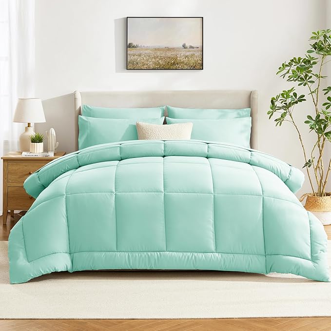 CozyLux Queen Comforter Set Mint Green, 7 Pieces Bed in a Bag, Green Comforter Queen Size, All Season Bedding Sets with Stitch Quilted Comforter, Flat Sheet, Fitted Sheet, Pillowcases
