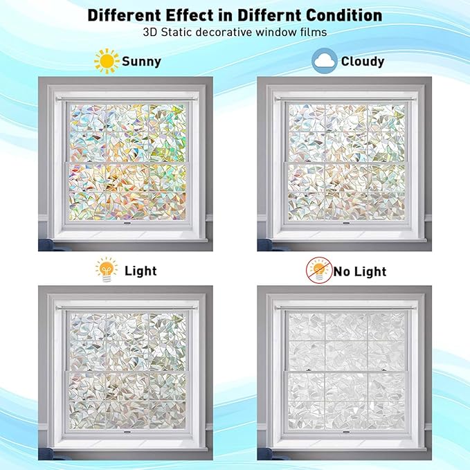 LEMON CLOUD Window Privacy Film, Decorative Window Film, Stained Glass Window Stickers, Rainbow Cling Holographic, Window Covering Prism Film, No Glue Frosted Half Moon Anti-UV(35.4 x 157.4 Inch)