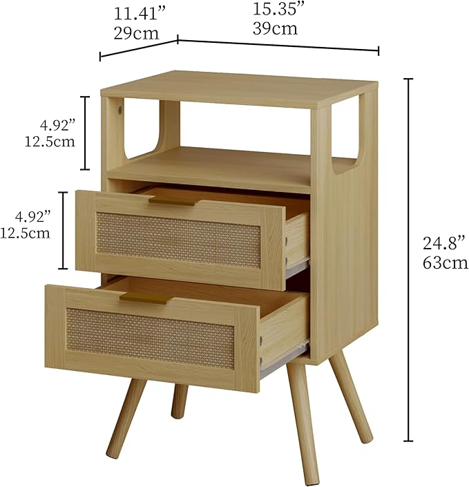 Rattan Nightstand,Farmhouse Bedside Table with 2 Storage Drawer and Open Wood Shelf, for Bedroom and Small Spaces,Night Stand with Solid Wood Legs (Yellow Oak)