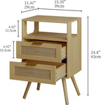Rattan Nightstand,Farmhouse Bedside Table with 2 Storage Drawer and Open Wood Shelf, for Bedroom and Small Spaces,Night Stand with Solid Wood Legs (Yellow Oak)
