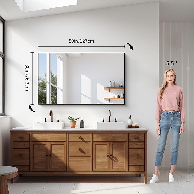 YIROMAN Bathroom Mirror 50"x30", Large Matte Black Bathroom Mirror for Over Sink with Aluminum Frame, Rectangular Vanity Mirror with Right Angle, Wall Mirror Hangs Horizontal or Vertical, Shatterproof