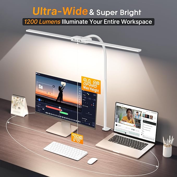 Syrinx LED Desk Lamp, Double Head Gooseneck Desk Lamps for Home Office with Gesture Switch & Wired Control, 12W Bright Modern Desk Light Eye-Caring Office Desk Lamp with Clamp for Crafting Reading