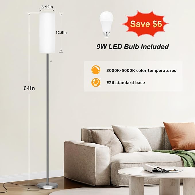 Ambimall Floor Lamp for Living Room with 3 Color Temperatures Bulb, 64" Standing lamp with Linen lampshade for Bedroom, Minimalist Pole Lamp, White Shade & Silver Pole