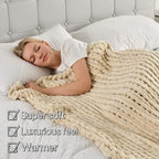 Maetoow Tighter Version Chenille Chunky Knit Blanket Throw （40×50 Inch）, Handmade Warm & Cozy Blanket Couch, Bed, Home Decor, Soft Fleece Banket, Boho Thick Blankets and Giant Yarn Throws，Beige