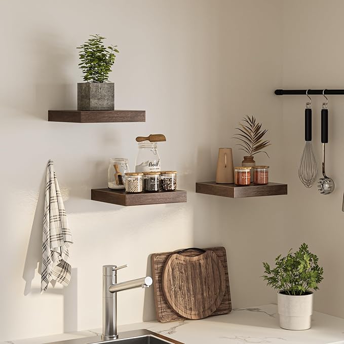 Square Floating Shelves for Wall, 12" W x 12" D x 1.2" H, Small Wooden Wall Mounted Display Shelves with Invisible Brackets for Living Room, Bedroom, Bathroom, Kitchen Decor, Set of 3, Walnut