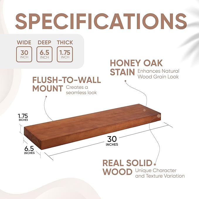 Homeforia Oak Floating Shelves 30 inch Long, High End Solid Real Wood 30inch Floating Shelves for Wall Mounted, Honey Oak Wooden 30in Floating Shelf, Heavy Duty Bracket, 30 X 6.5 X 1.75 in, Set of 3