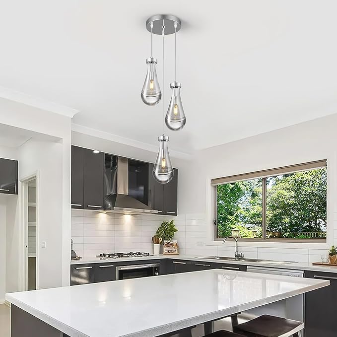Raindrop Pendant Lights Kitchen Island Teardrop Chrome Hanging Light Fixtures Clear Solid Glass Pendant Light Modern Chandeliers for Dining Room Porch Corridor Living Room(3-Light)