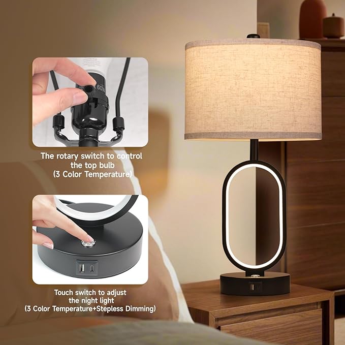 23" Bedside Lamps Set of 2, Farmhouse 3-Way Dimmable Touch Lamps for Nightstand, Built-in Night Light Bedside Table Lamp with USB A+C Ports, Black Table Lamp, LED Bulbs Included