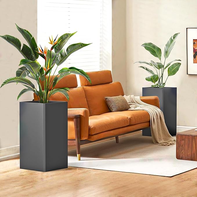 Modern Metal Planter Black – 28” Tall with Removable Insert Shelf | Heavy-Duty Outdoor & Indoor Planter Box for Patio, Porch, Garden (14x14x28in)