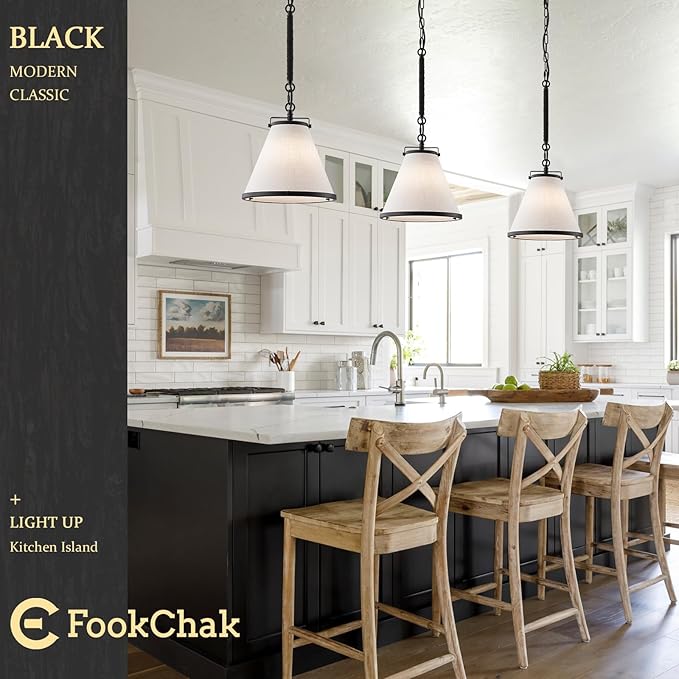 3-Pack Black Pendant Lights Kitchen Island Ceiling Pendant Light with Linen Lampshade 10in Transition Pendant Hanging Light with Chain for Kitchen Sink Entryway Hallway Dining Room