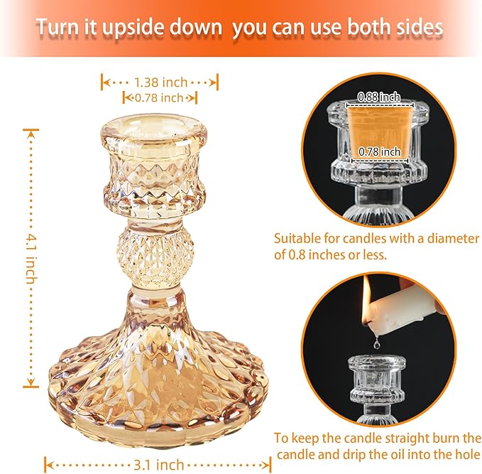 Glass Candlestick Holder,Striped Taper Candle Holders,Set of 6 Candle Stand for Table Centerpieces, Home Decor,Weddings,Festival and Parties (Amber Dimond Pattern)