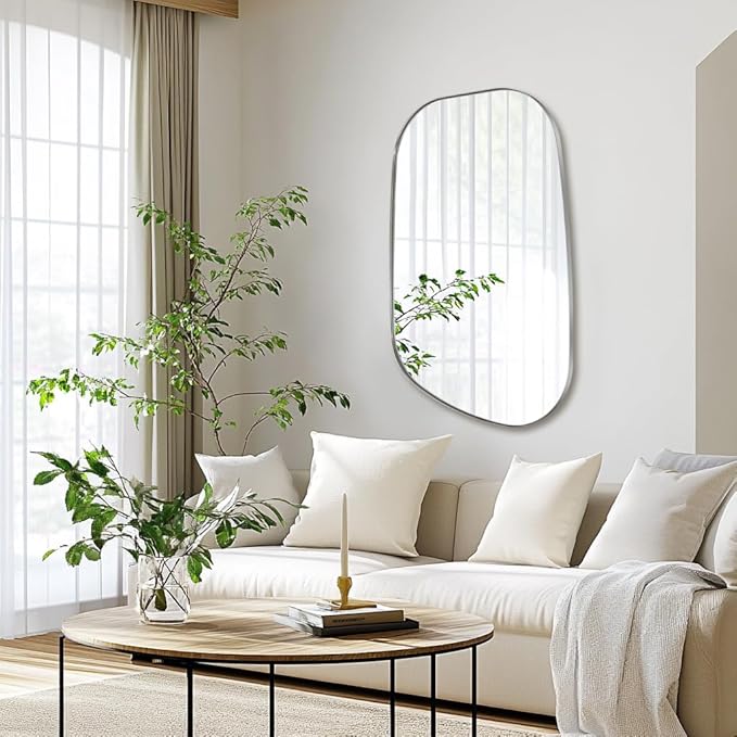 ANDY STAR Chrome Irregular Mirror, 24"x36" Silver Asymmetrical Wall Mirror in Stainless Steel Metal Frame, Unique Vanity Mirror with Modern Curved Design, Ideal for Bathroom, Bedroom, Entryway