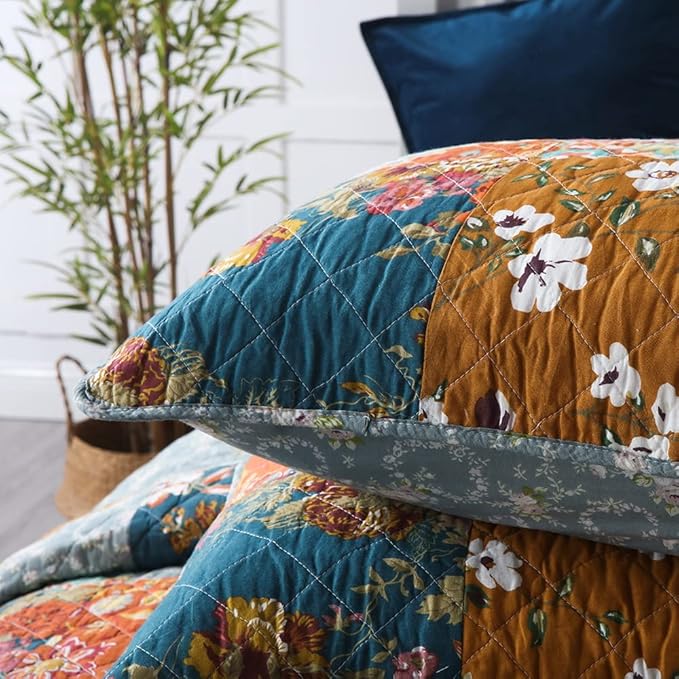 Cotton Bedspread Quilt Sets Reversible Bedding Coverlet Sets 3 Pieces Paisley Vintage Floral Yellow Blue Patchwork Bedspread, Queen Size