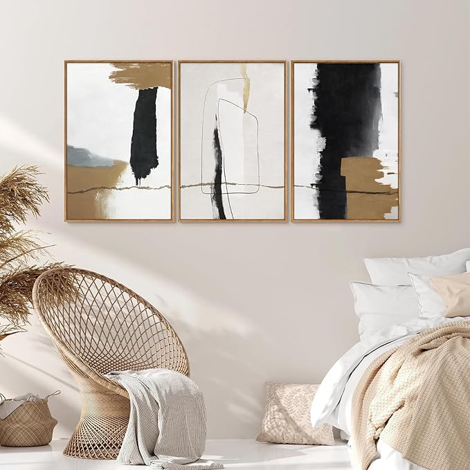 SIGNINART Black and White Abstract Framed Canvas Wall Art Set of 3, Beige Neutral Art Prints, Minimalist Modern Wall Decor for Living Room, Bedroom, Office,Above Couch 16"x24"x3
