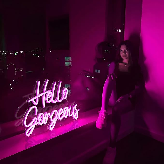 Kavaas Hello Gorgeous Neon Signs for Wall Decor, Hello Gorgeous Neon Light Sign with Dimmable Switch - Hello Gorgeous Sign for Girls Bedroom, Makeup Room Decor (Pink)