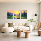 HPNIUB Vintage Mountain Framed Canvas Wall Art Set, Boho Sunrise Art Prints, Forest Nature Wilderness Art Paintings, Modern Farmhouse Pine Tree Wall Decor for Living Room Bedroom, Office- 16"x24"x3