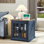 Farmhouse End Table with Charging Station,24" Large Side Table with Glass Barn Door, Rustic Wood Nightstand Bedside Table with Adjustable Storage Shelf for Living Room, Bedroom, Navy Blue