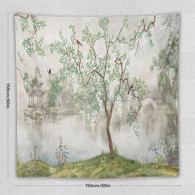 HZOHNAGO Japanese Tapestry Tree Misty Garden Lake Printed Wall Tapestry Ink Painting Wall Hanging for Bedroom Living Room Dorm 60" W x 60" H