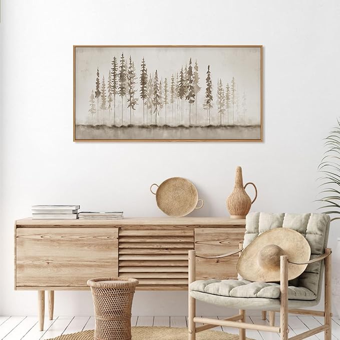 HPINUB Misty Forest Framed Canvas Wall Art Set, Foggy Pine Tree Wall Decor, Pastel Nature Landscape Wall Painting, Evergreen Coniferous Plant Art Print for Living Room, Bedroom, Office - 20"x40"