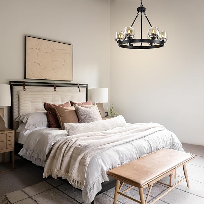 Black Wagon Wheel Chandelier, 24 Inch Black Chandeliers with Unique Glass Shade, 6-Light Crystal Farmhouse Wagon Wheel Chandeliers for Dining Room, Round Chandelier for Living Room, Foyer, Entryway