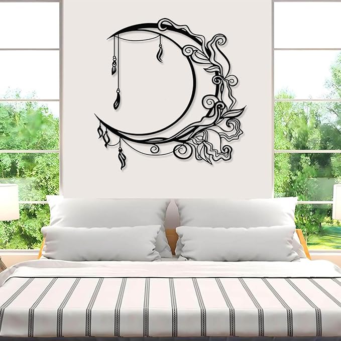 Jogwenu Moon Floral Metal Wall Decor, Moon Metal Wall Decor, Celestial Wall Art, Boho Wall Art, Floral Wall Hanging, Boho Room Decoration, Living Room Bedroom Wall Hanging (Black, 28"x28"|70x70cm)