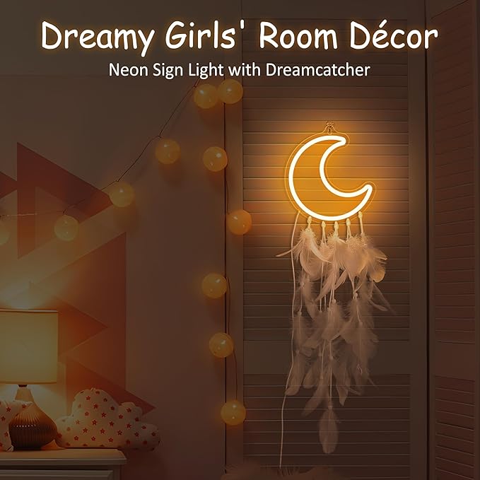 Neon Sign for Teen Girls, Moon Neon Signs, Light Up Dream Catcher for Girl Room Decor, Cozy Dreamy Lighting for Wall Decor,Birthday Christmas Gifts for Teenage Kids