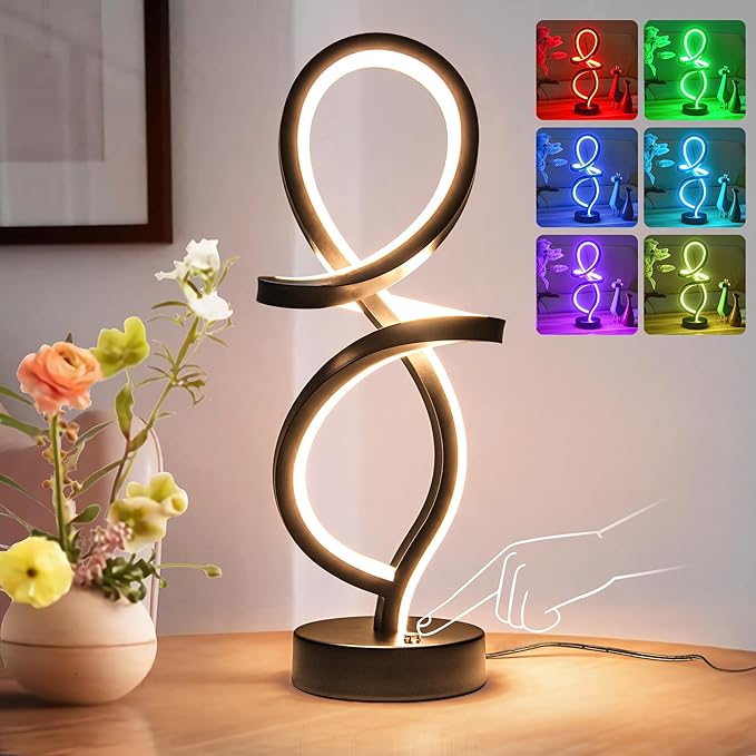 Mayful Modern RGB Table Lamp with LED Spiral Design, Black Bedside Lamp & Nightstand Lamp, Touch Dimmable with 7 Colors & 10 Modes for Bedroom, Living Room, Home Office, 15W
